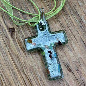 Murano Style Glass Green Silver Shimmer Cross Pendant Ribbon Necklace